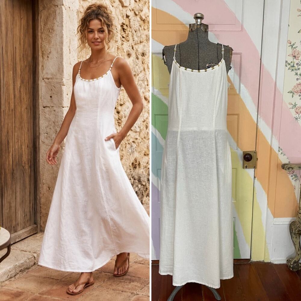 ✨Calypso St. Barth Linen Blend Beaded Strap Maxi Sundress Sz Med